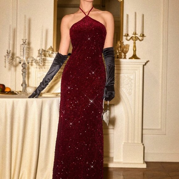 Burgundy Sexy Women's Velvet Sequin Maxi Dress - Picture 4 of 6